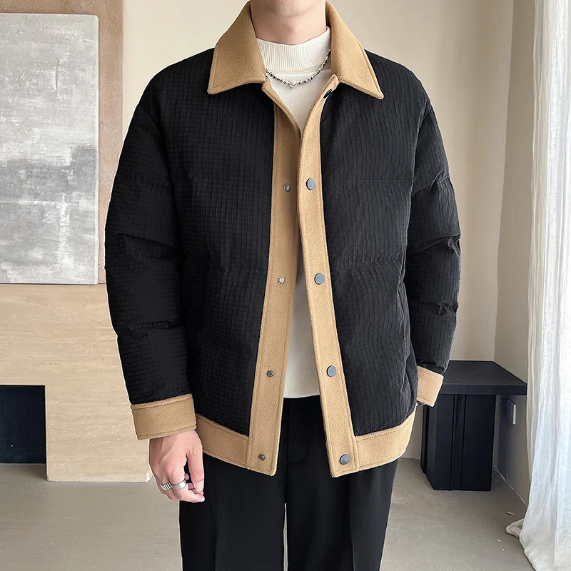 2024 Winter New Men's Fashion Woolen Splicing Cotton Coat with Thickened Cotton for Warmth, Trendy Design Cotton Jacket