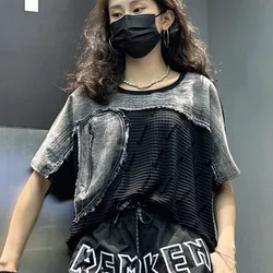 2024 Summer New T-shirt Women Loose Fitting Slimming Oversized Mesh Denim Patchwork Round Neck Short Sleeved Black Top LX1878