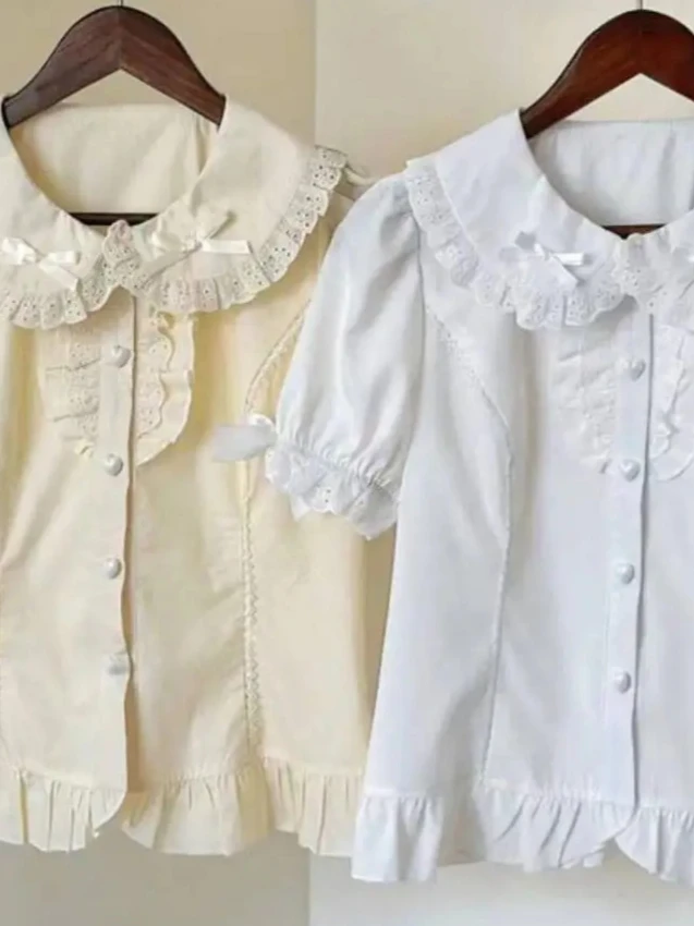 

French 2026 Summer Sweet Lace Bow Doll Collar Thin Blusas Bubble Short Sleeved Love Button Ruffle Lolita Shirt White Top Women