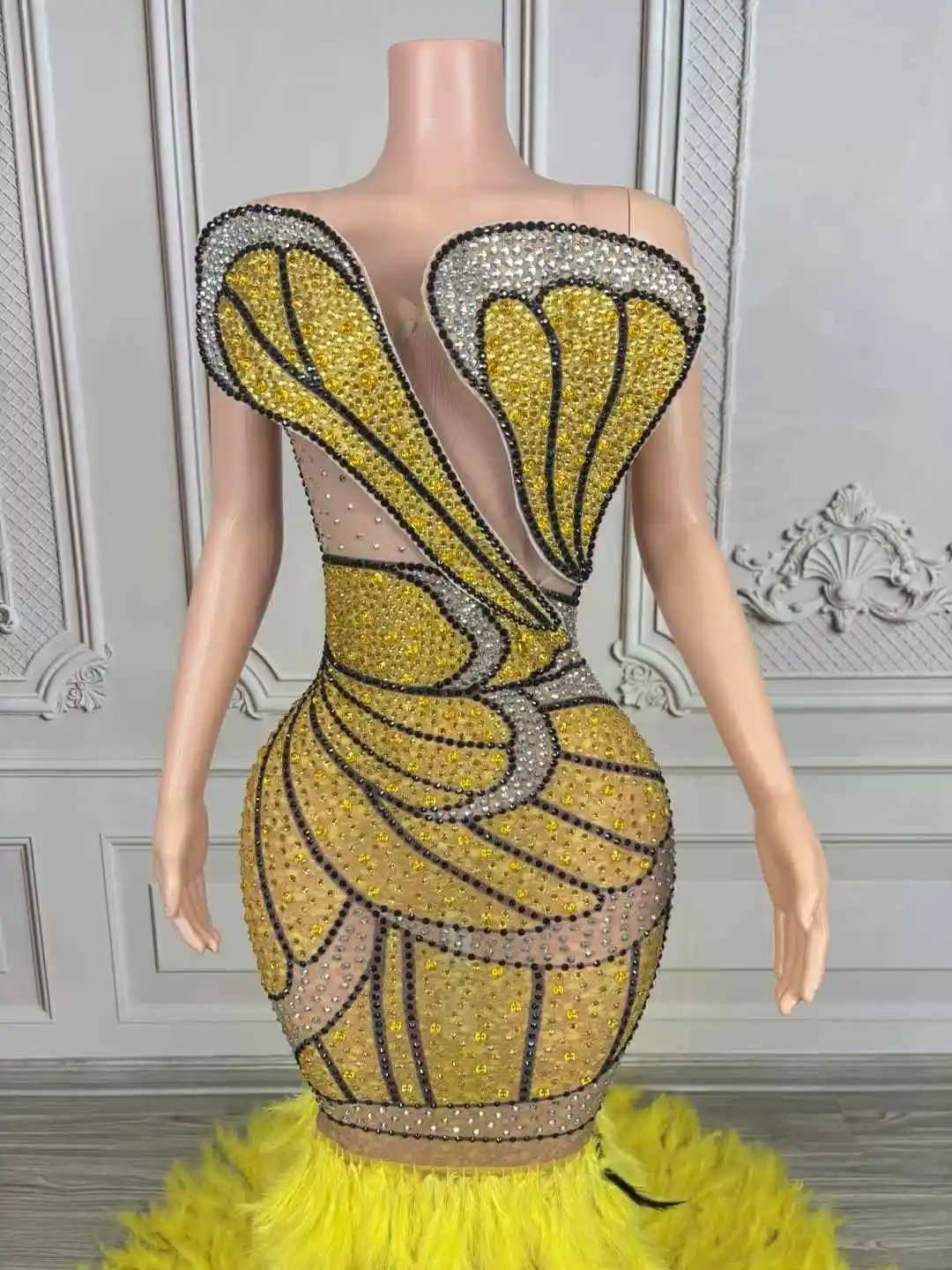 Luxurious Gold Silver Crystals Mesh Long Feather Dresses Women Birthday Celebrate Evening Prom Party Gowns Singer Stage Wear