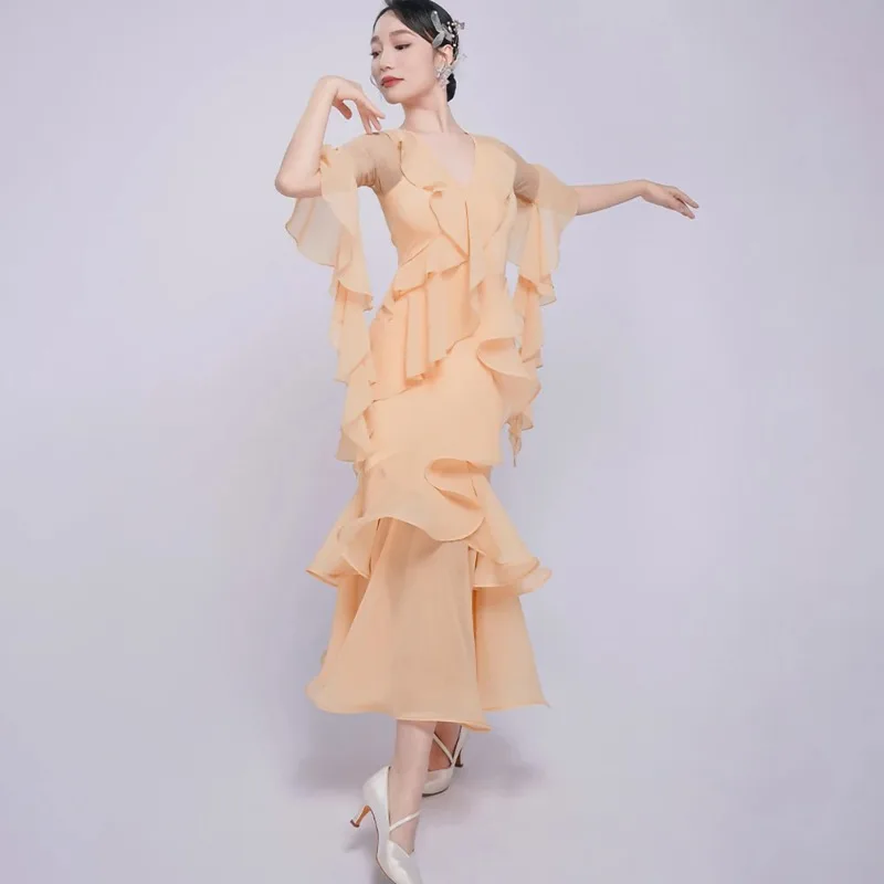 Faldas de flamenco, vestidos de baile con volantes, vestido largo con cuello en V, verde nieve fragante, manga media, baile estándar nacional, negro, nuevo