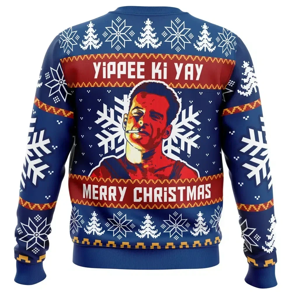 Lustiger Hässlicher Weihnachtspullover mit 3D-Yippee-Ki-Yay-Druck, Schneeflocken- und Weihnachtsbaum-Muster, für Männer und Frauen, für Feiertagspartys, Rundhals-Pullover. – Detail 4