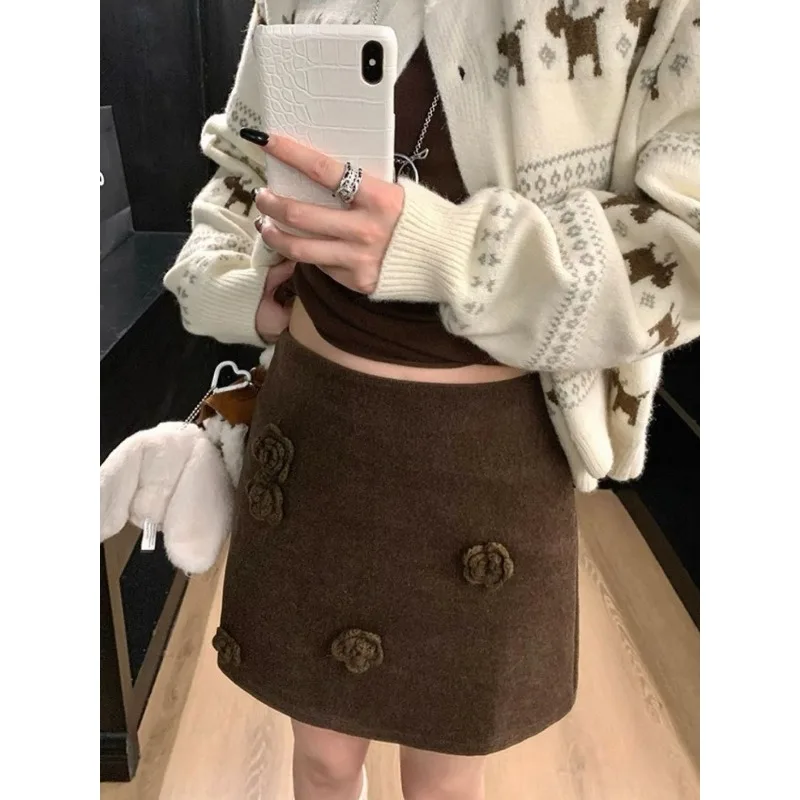 Women High Waist Woolen Mini Skirt 3D Floral Decor A Line Slim Anti Chafing Short Skirt Autumn Winter