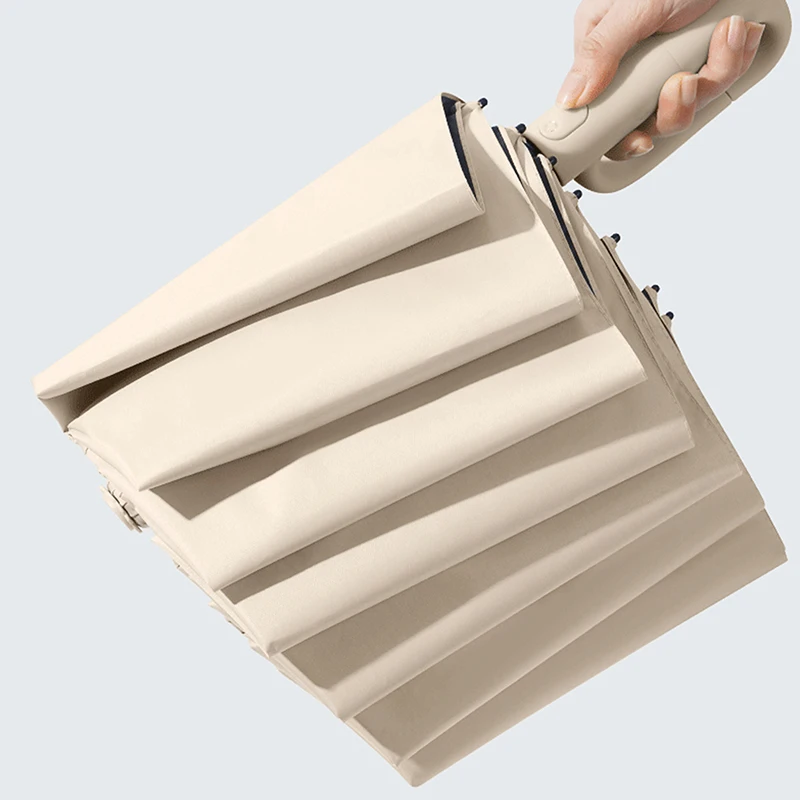 Paraguas plegable inverso completamente automático con raya reflectante a prueba de viento, paraguas UV para hombres y mujeres, mango de mosquetón para viaje