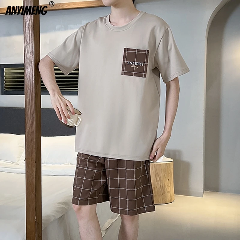 Summer Cotton Short Sleeved Men\'s Pajamas Set Male Sleepwear Plaid Pants Pajama for Men L-3XL Pajamas for Men Soft Pijamas