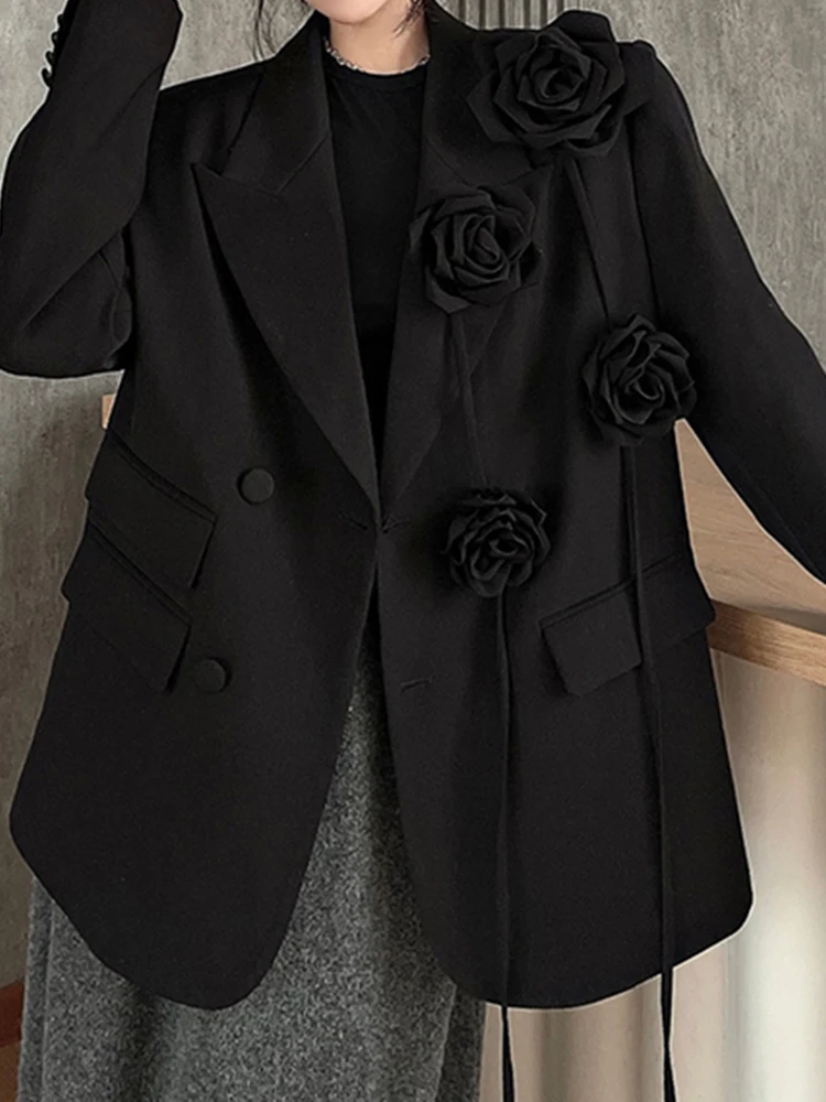 UCXQ Black 3D Floral Blazer Coat Temperament Street Style Loose All Match Women's Long Sleeve Suit Jacket 2025 New Spring 3C2933