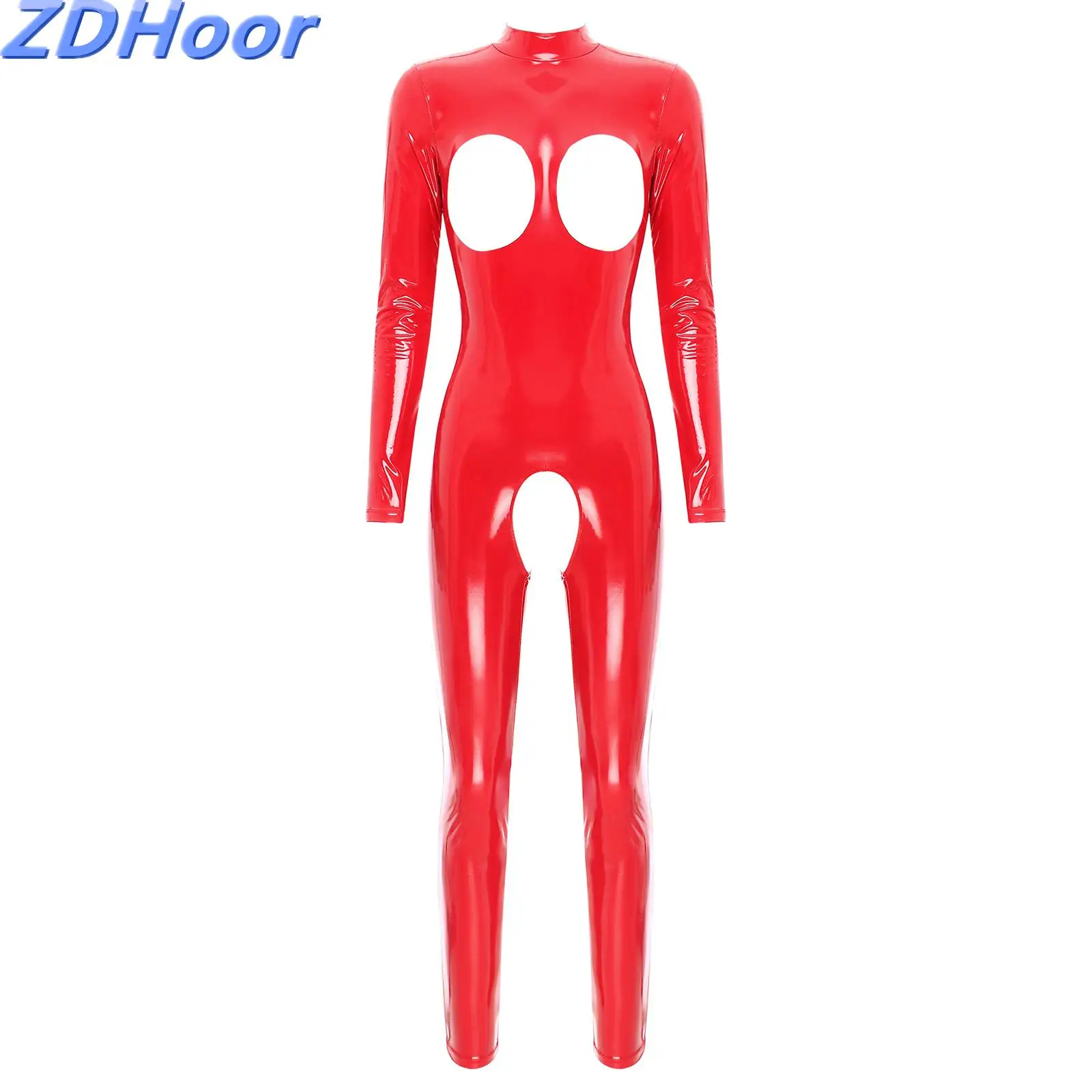 

Womens Hollow Out Crotchless Jumpsuit Open Chest Long Sleeve Catsuit Mock Neck Zipper Back Patent Leather Bodysuit
