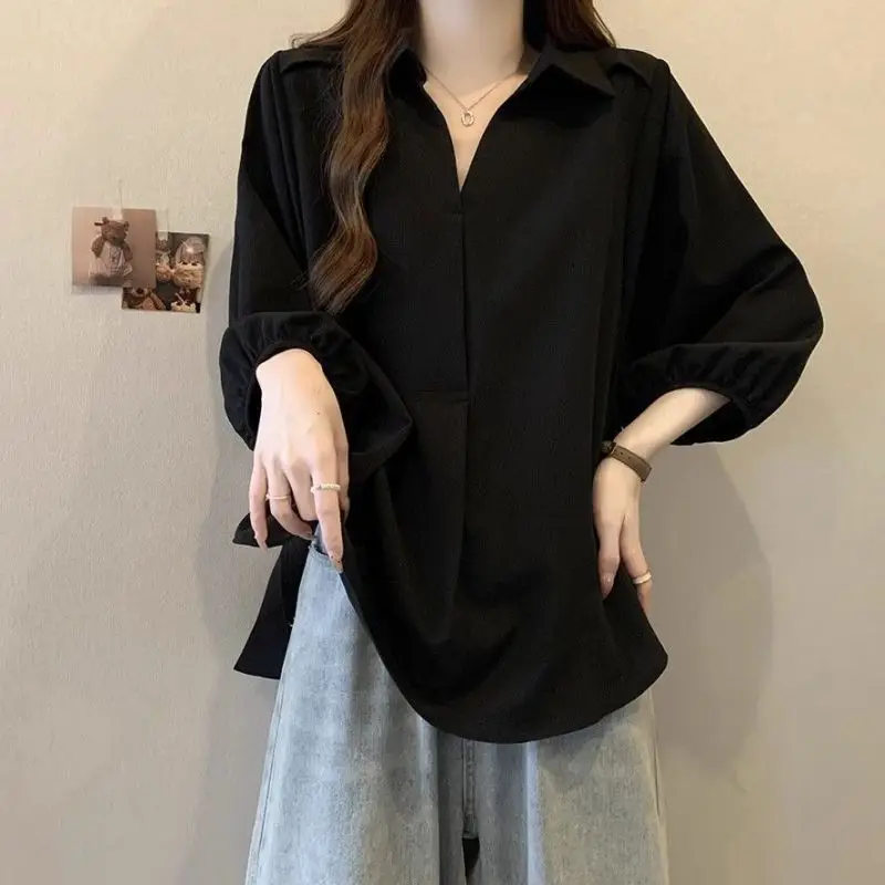 Women Summer Simplicity Fashion Loose Solid Color Turn-down Collar 3/4 Sleeve Shirts Women Clothes Casual All-match Elegant Tops