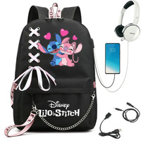 Disney Lilo And Stitch Backpack USB Charge Waterproof Academy School Bags Computer Travel Backpacks 18 Inch Laptop Mochilas
