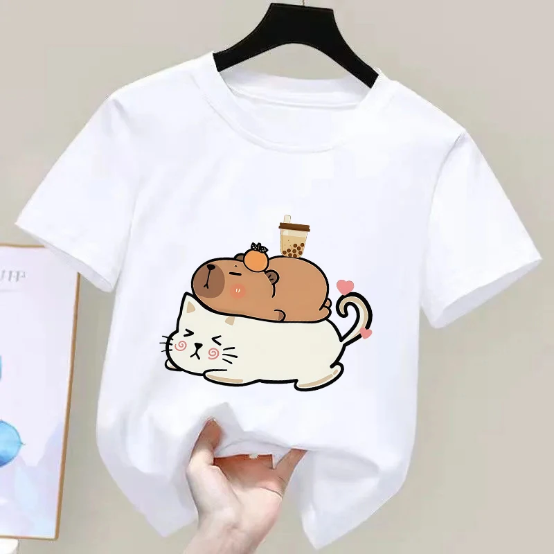 Cute Cat Capybara Kids Tshirts Summer Short Sleeve Tees Cartoon Boys Girls Clothes Kawaii Kitten Tops Y2K Children T-shirt