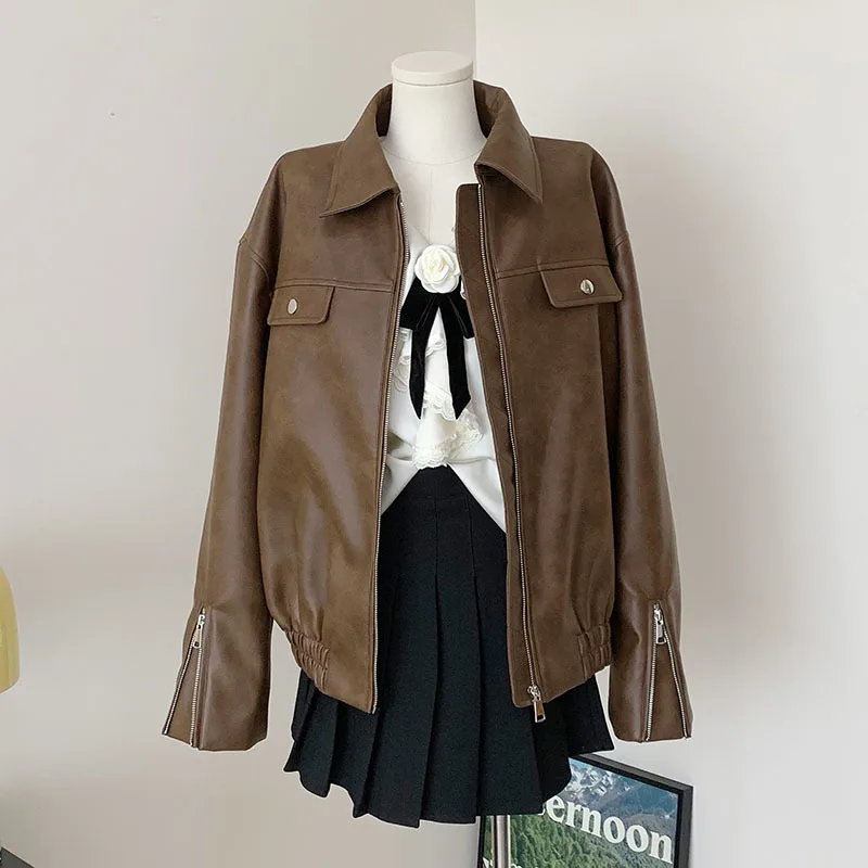 Vintage Short Brown Faux PU Leather Coat Women Spring Autumn Casual Lapel Long Sleeve Female Motorcycle Biker Jacket Streetwear