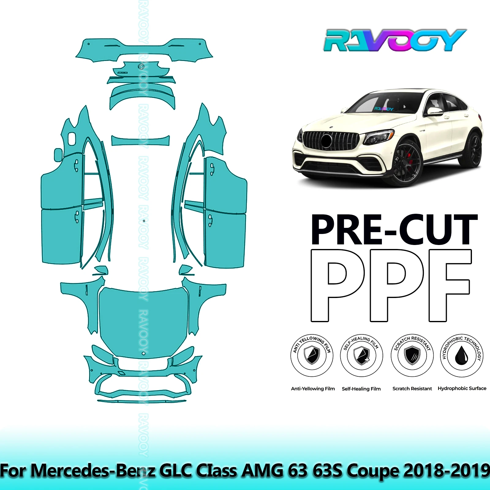 

For Mercedes-Benz GLC CIass AMG 63 63S Coupe 2018-2019 Full Vehicle Clear Bra Precut PPF Paint Protection Film