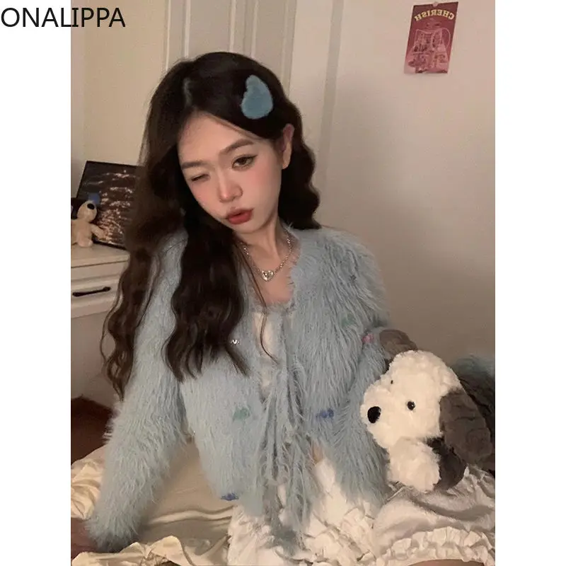 Onalippa Cartoon Patchwork Cropped Cardigan Women Chic Design Lace Up Bows Knitted Cardigans Korean Furry Small Fresh Sweater