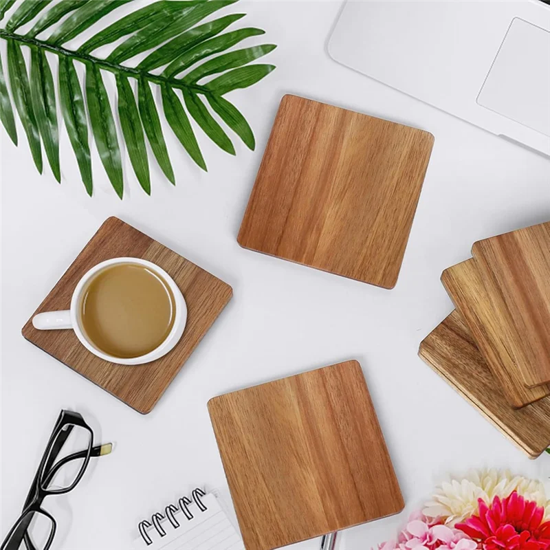 ABZL pour l'artisanat Compatible 16 pièces sous-verres en bois inachevé, carré de 4 pouces en bois d'acacia avec points en Silicone antidérapants