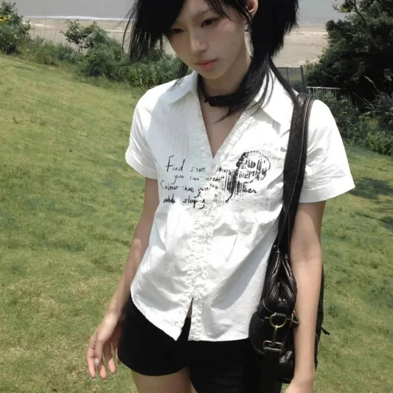 Aesthetic Y2K Pleated Shirt Letter Skull Print White Shirts Grunge Gothic Women 2000s Style V-neck Blouses Japanese Harajuku Top