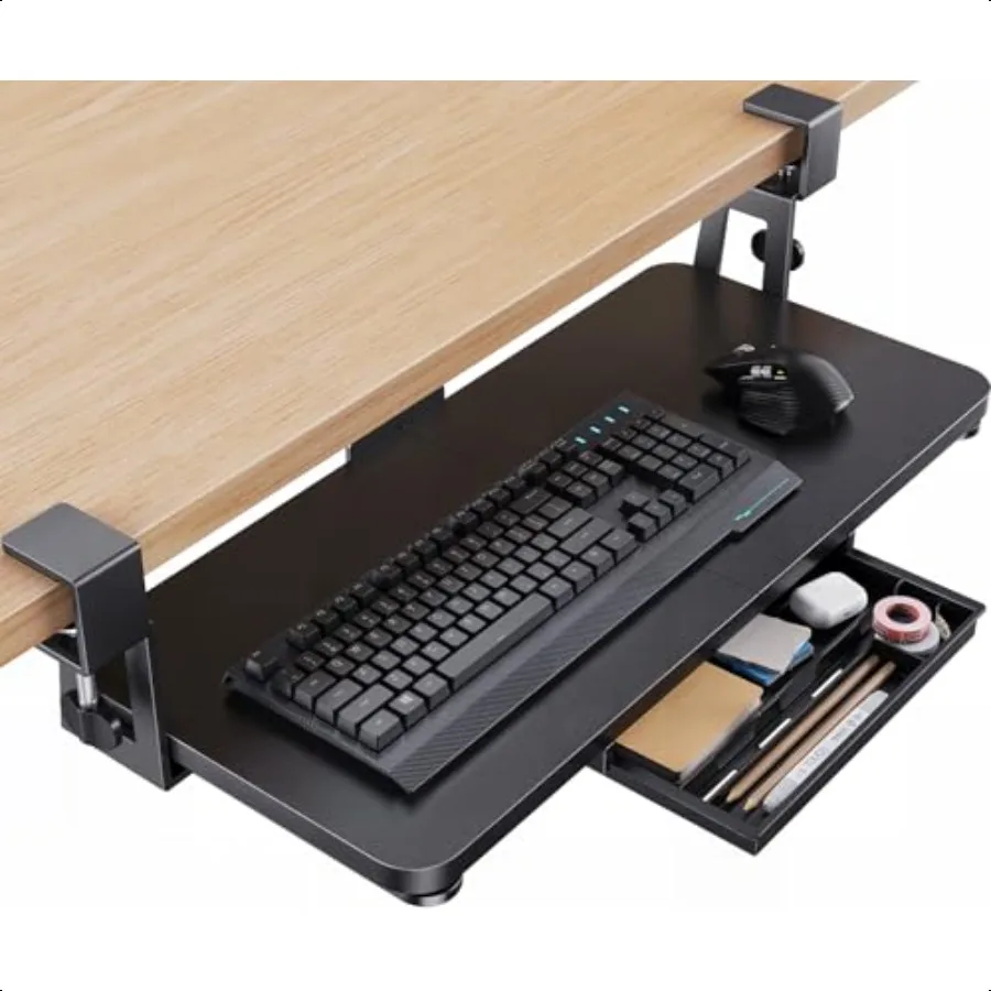 

Large Under Desk Keyboard Tray with Sturdy CClamp Mount 26 30.16 Including Clamps x 12 inch SlideOut Platform Computer Desk Hea