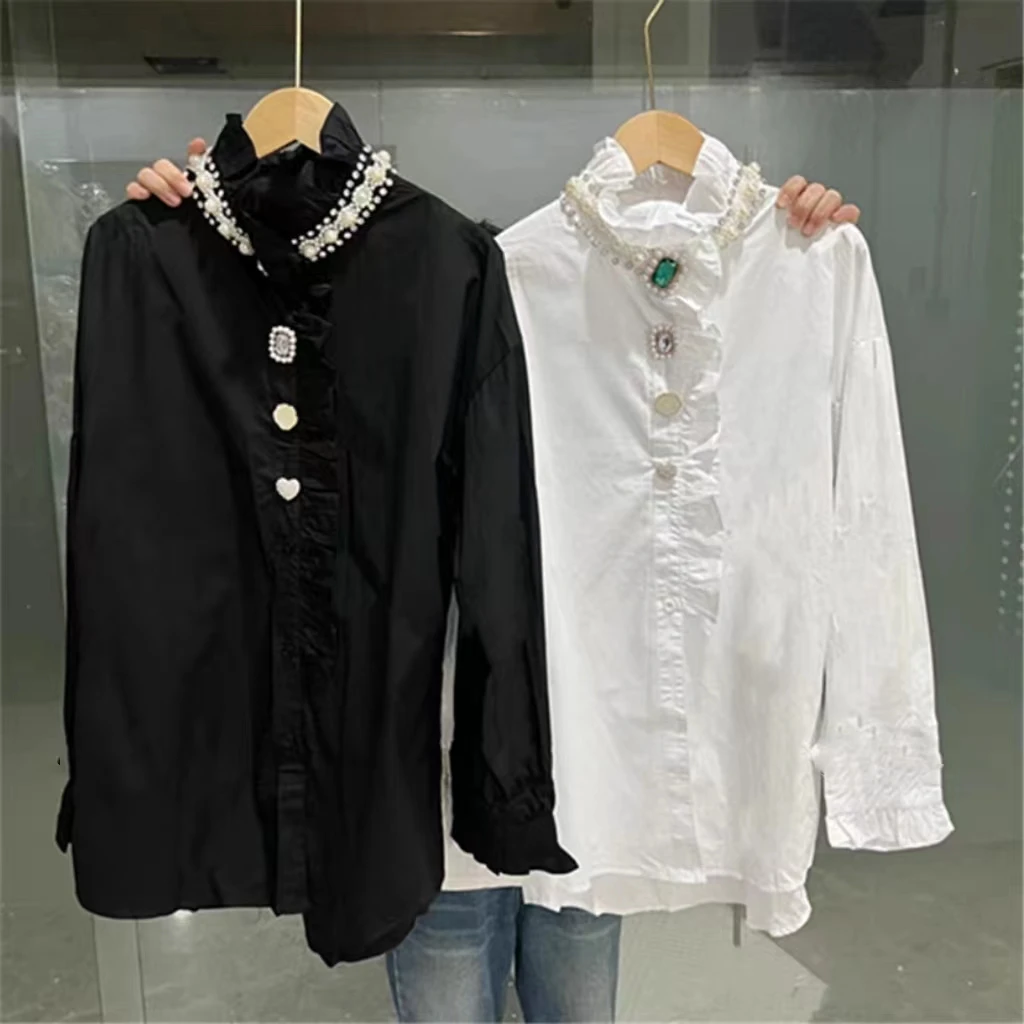 New In 2024 Autumn Office Lady Diamonds Stitch Cotton Shirts Blouses Women Long Sleeve Buttons Up Black White Top Woman Clothes