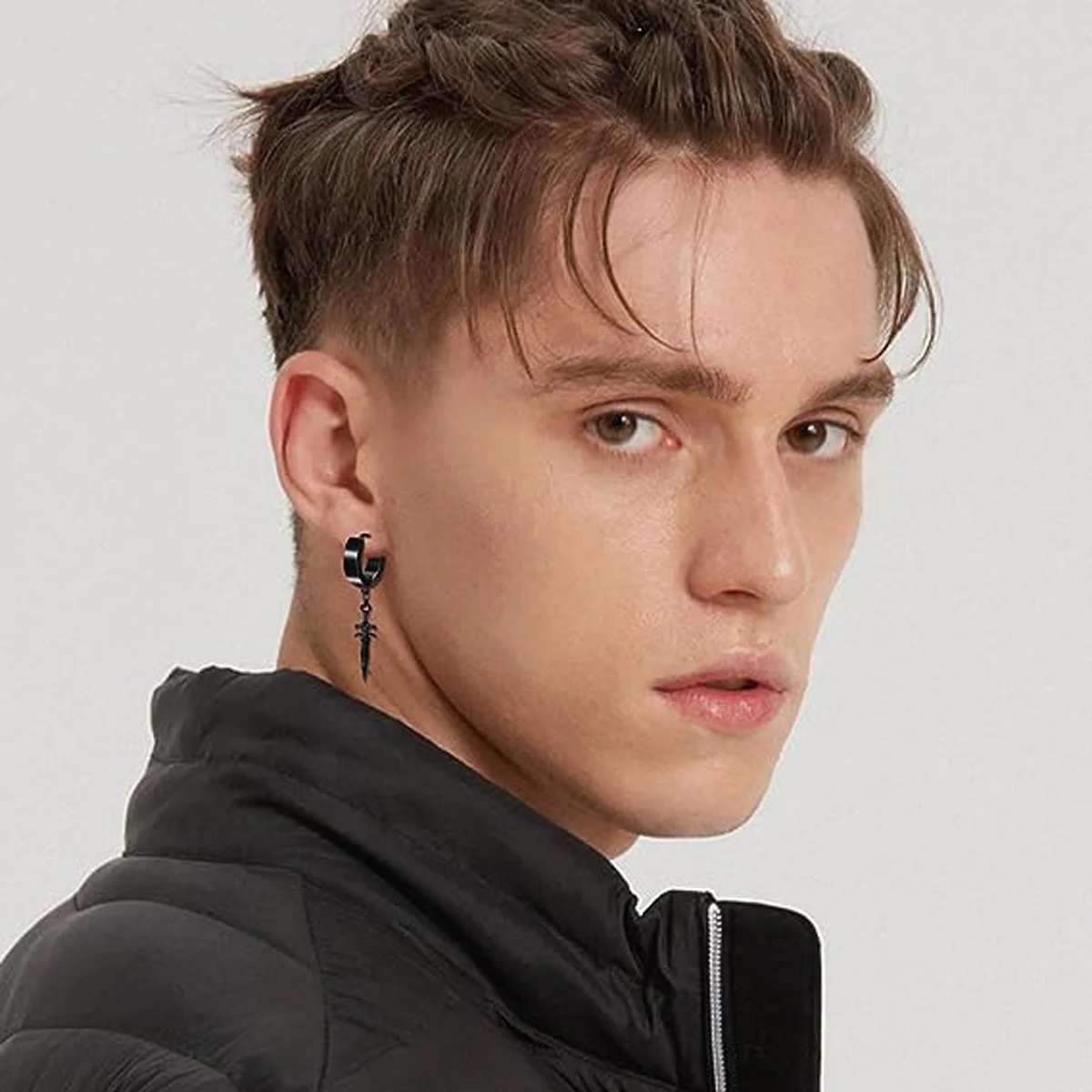 22 piece black men's earring set stainless steel small hug circle earrings cross studs and earrings, fashionable pierced jewelry view 2