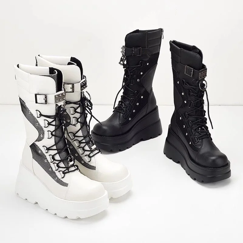 

Women's Goth Style Platform Boots Trend Rivet Buckle Punk Wedges High Heels Womens Fashion Cosplay Gothic Boots Botas Para Mujer