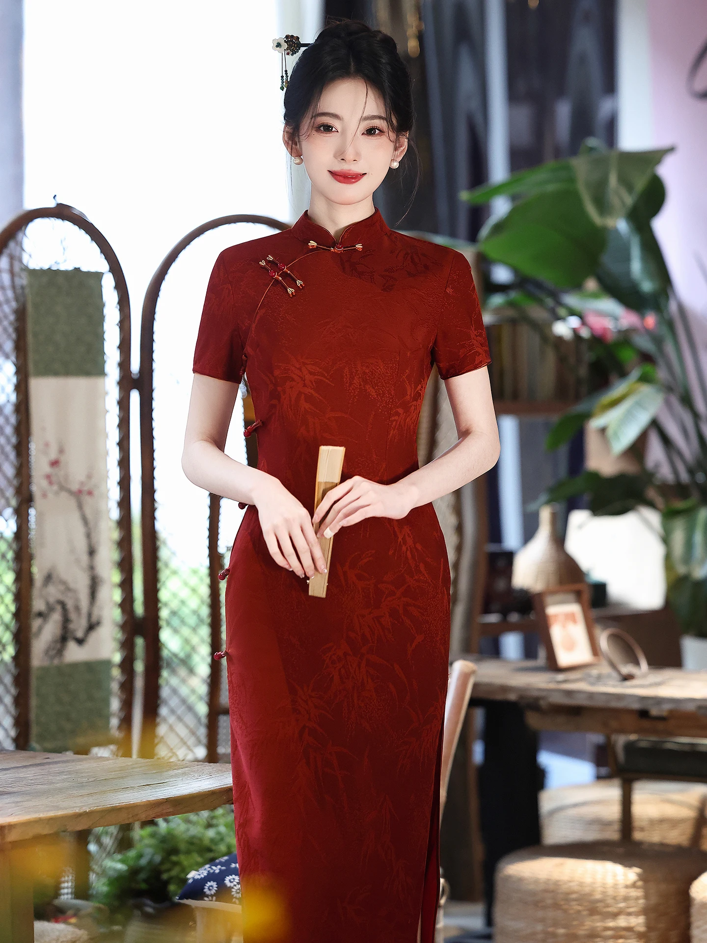 

Red Chinese Style Long Qipao Dress for Mother of the Bride Bamboo Pattern Wedding Dress Short Sleeve Breathable Polyester