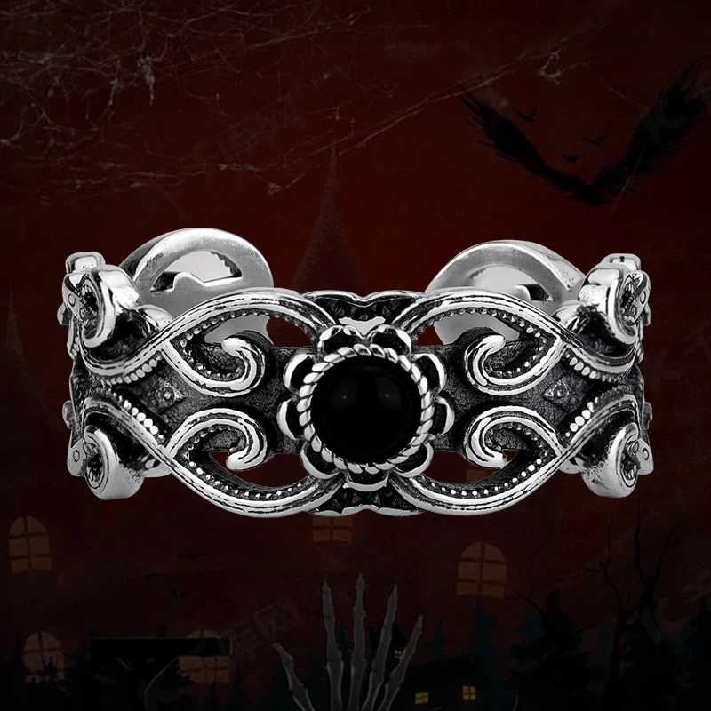 Retro Dyed Black Genuine S925 Silver Hollow Irregular Dark Personality Open Ring