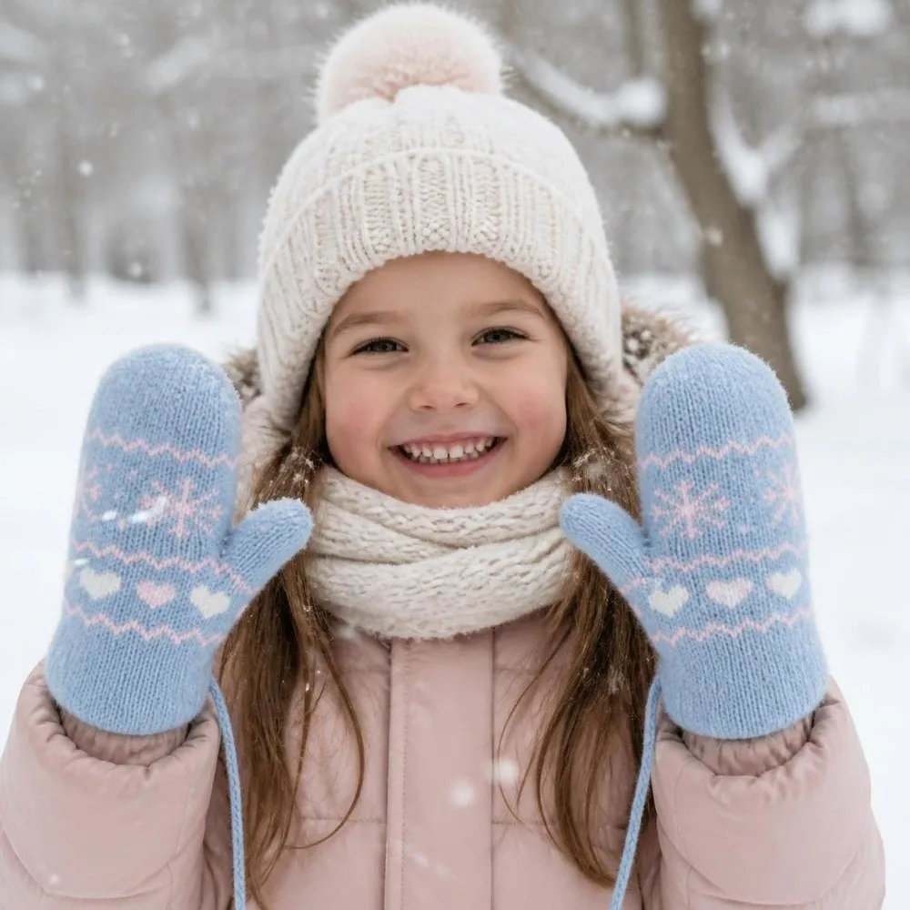 Thickened Warm Ski Gloves Hanging Neck Rope Full Finger Children Knitted Mittens Lining Solid Color Boys Girls Gloves