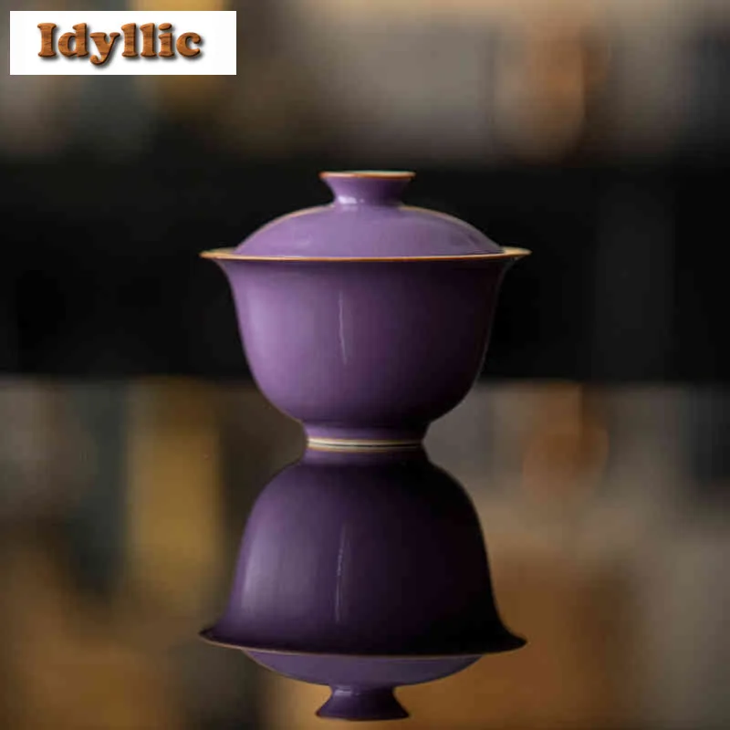 

85ml Purple Ru Kiln Gaiwan Handmade Cup Saucer Tea Tureen Tea Bowl With Lid Kit Tea Making Cover Bowl Chinese Tea Set Ornaments