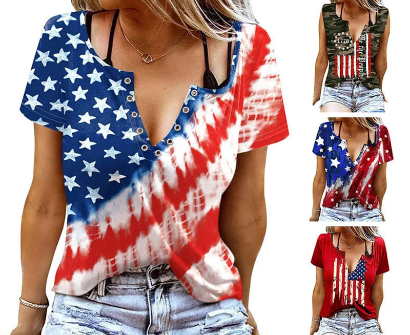 2024 Creative American Flag Printed Women's Summer T-shirt Fashion Top Casual Short Sleeve V Neck Independence Day Costume