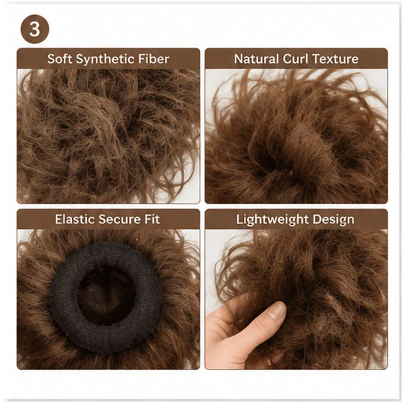 Messy Bun Haarverlängerung, gelocktes Haargummi-Haarteil für Frauen, natürliches, flauschiges Volumen, Pferdeschwanz, Hochsteckfrisur, Boho-Accessoire für den Alltag. – Detail 3