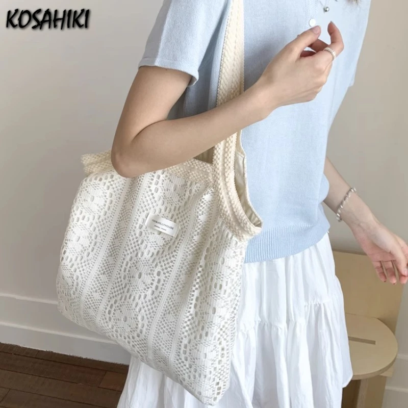 

Women Summer Fashion Travel Shoulder Handbags Hollow Out All Match Tender Sweet Underarm Bag Casual Canvas Bags Y2k Aesthetic