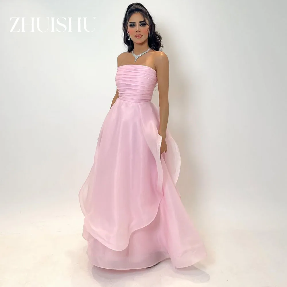 ZHUISHU 핑크 롱 프롬 드레스 사우디 스트랩리스 실크 오간자 이브닝 가운 맞춤형 A라인 파티 드레스 특별한 날을 위한