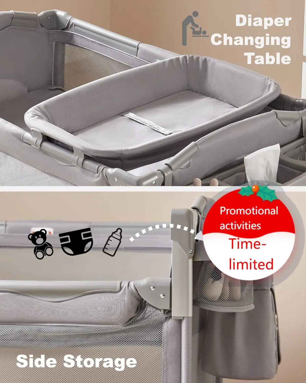 

4 in 1 Baby Bassinet Bedside Sleeper, Baby Bedside Crib 4 Functions, Bedside Bassinet Crib Sleeper, Playard, Changing Table, Bab
