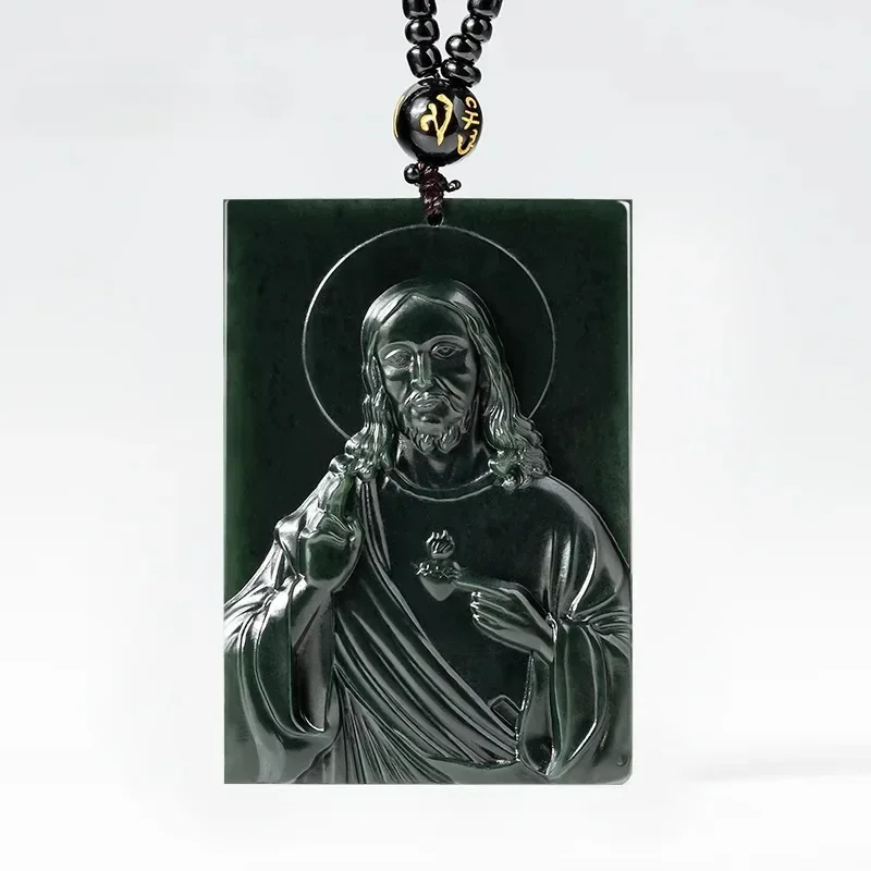 Natural Hetian Jade Green Jade Jesus Jade Pendant Hand-carved Exquisite Luxury Faith Necklace Men & Women Holiday Gift Souvenir