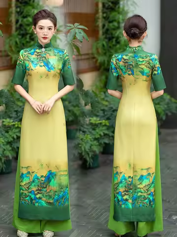 2026 woman aodai vietnam traditional ao dai dress national flower print dress+pants set improved cheongsam banquet evening dress