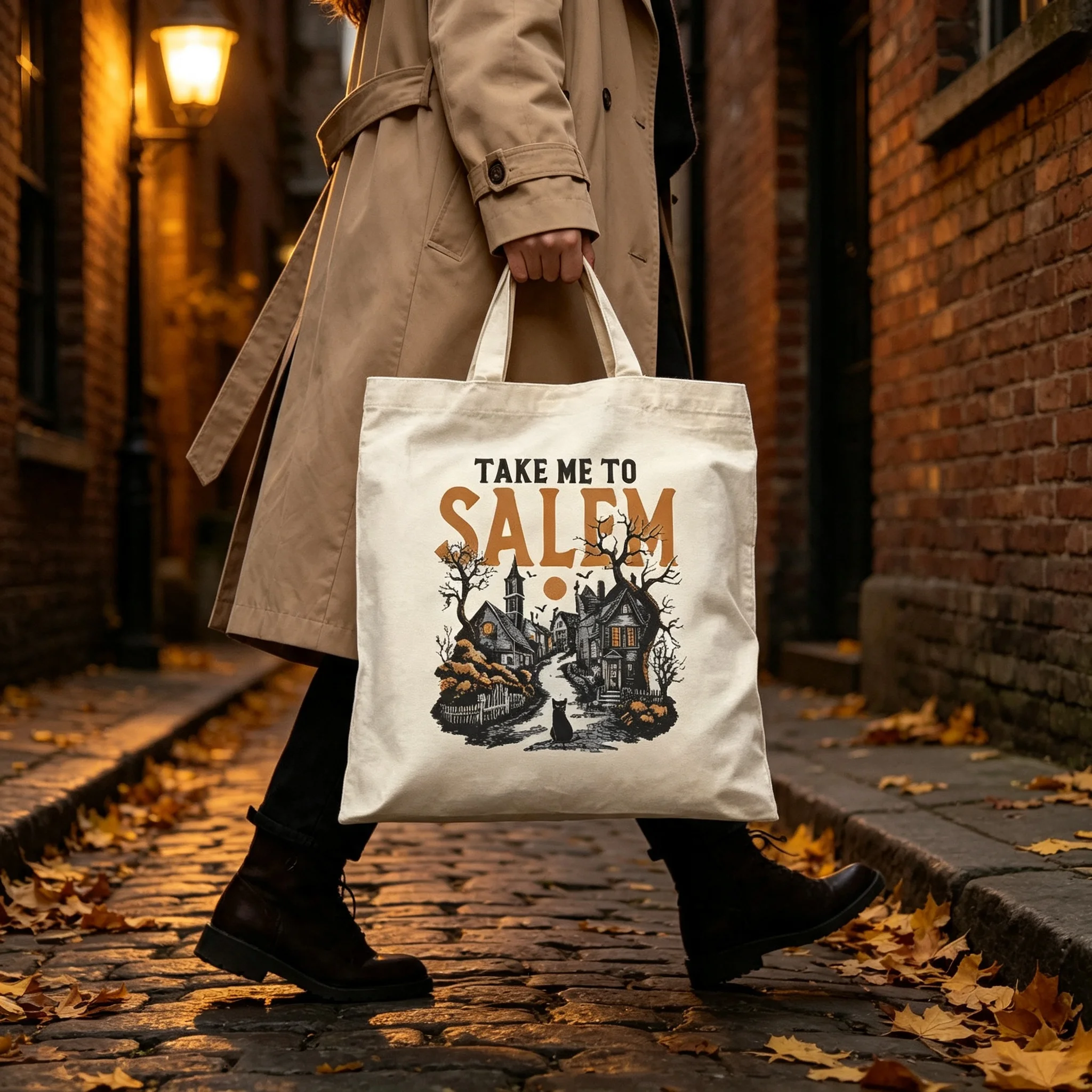 Take Me To Salem Canvas Tote Bag Vintage Witch Town Black Cat Graphic Shoulder Bag Halloween Reusable Shopping Women Handbag