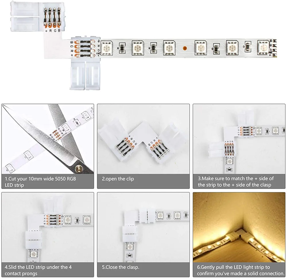 4 Pin 10mm LED Strip Connector L Shape RGB LED Light Strip Connectors Right Angle Solderless Corner Connectors For SMD 5050/3528