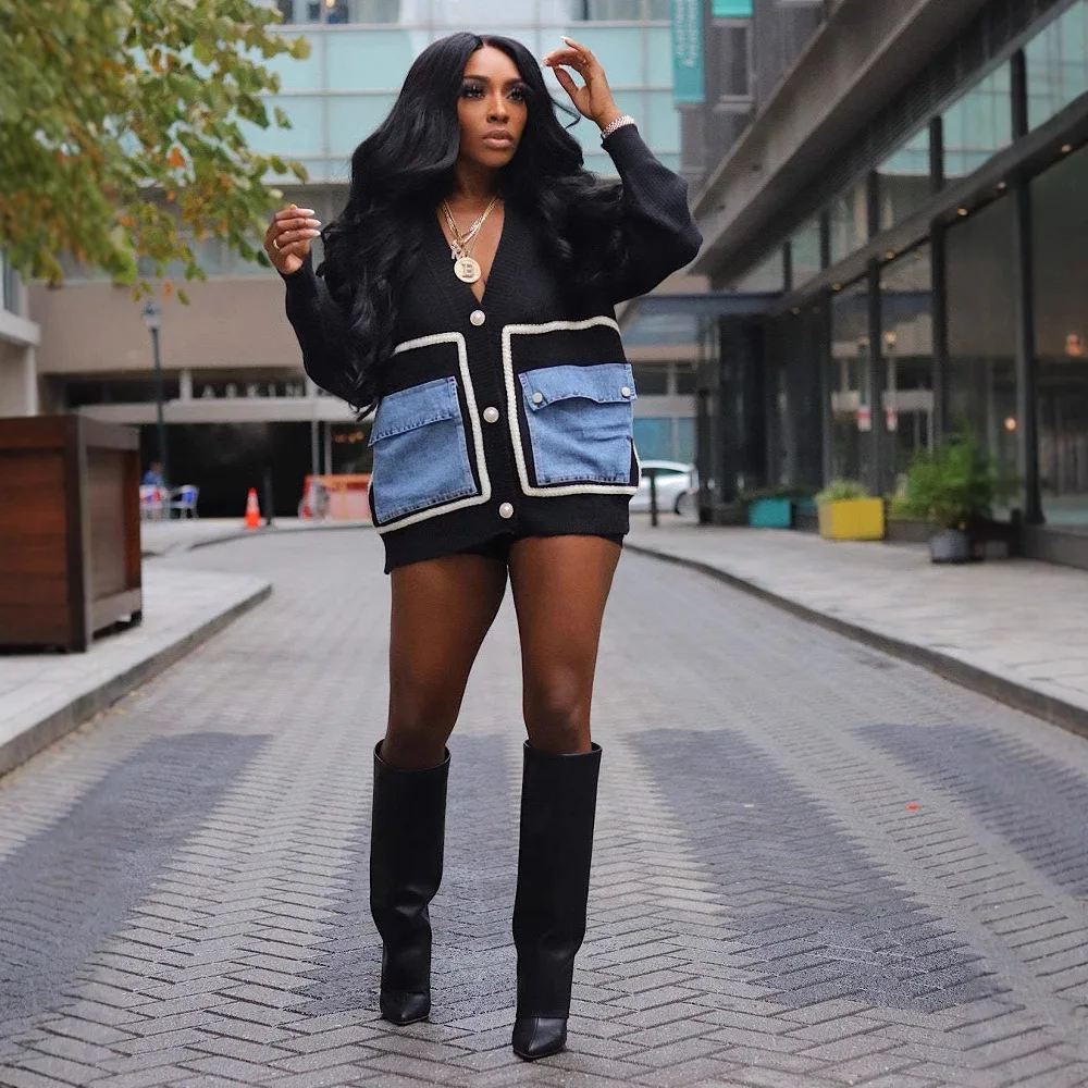 

Cardigan Sweater Coat Women Casual Knitted Jacket Single Breasted V Neck Patchwork Denim Pockets 2025 Office Lady Knitwear