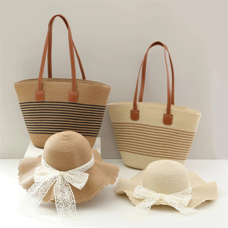 USPOP New Women 2 Pieces Set Straw Hat and Bag Stripe Large Capacity Shoulder Tote Bag Sweet  Lace Ribbon Bow Straw Beach Hat