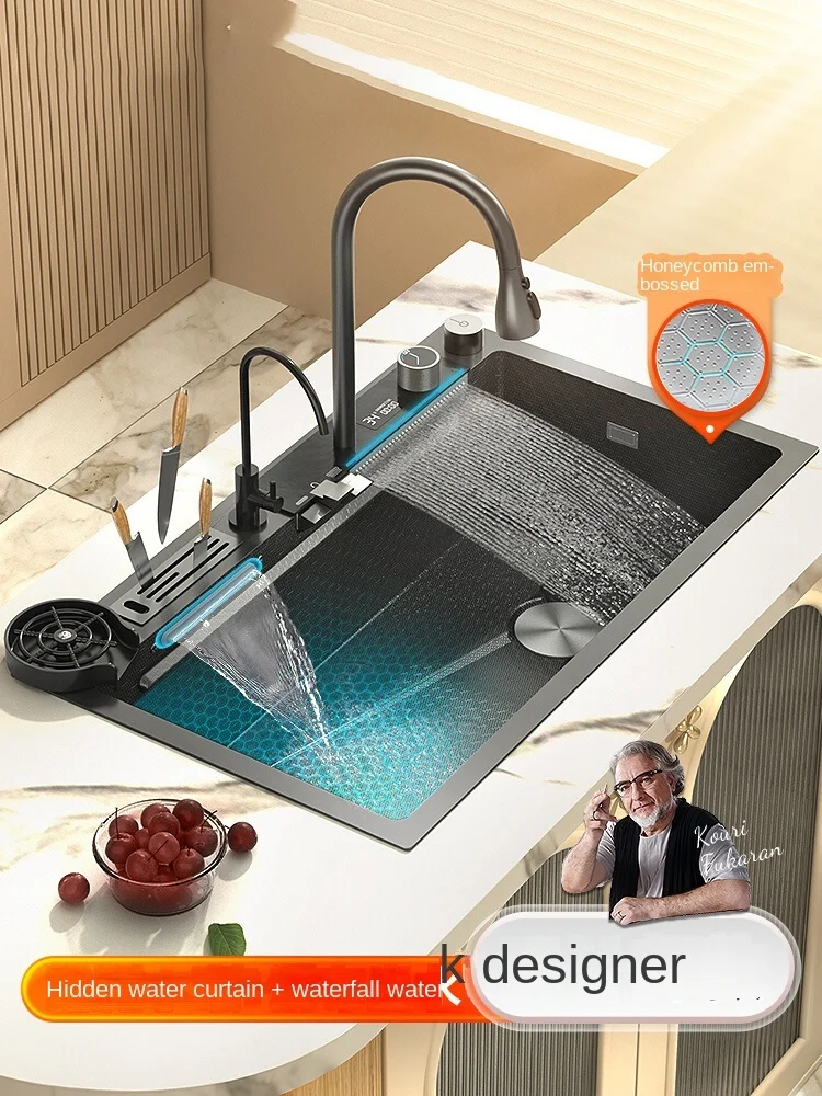 Fregadero de cascada de lluvia con pantalla Digital para el hogar, fregadero individual grande de acero inoxidable Nano 304 en relieve, lavabo negro