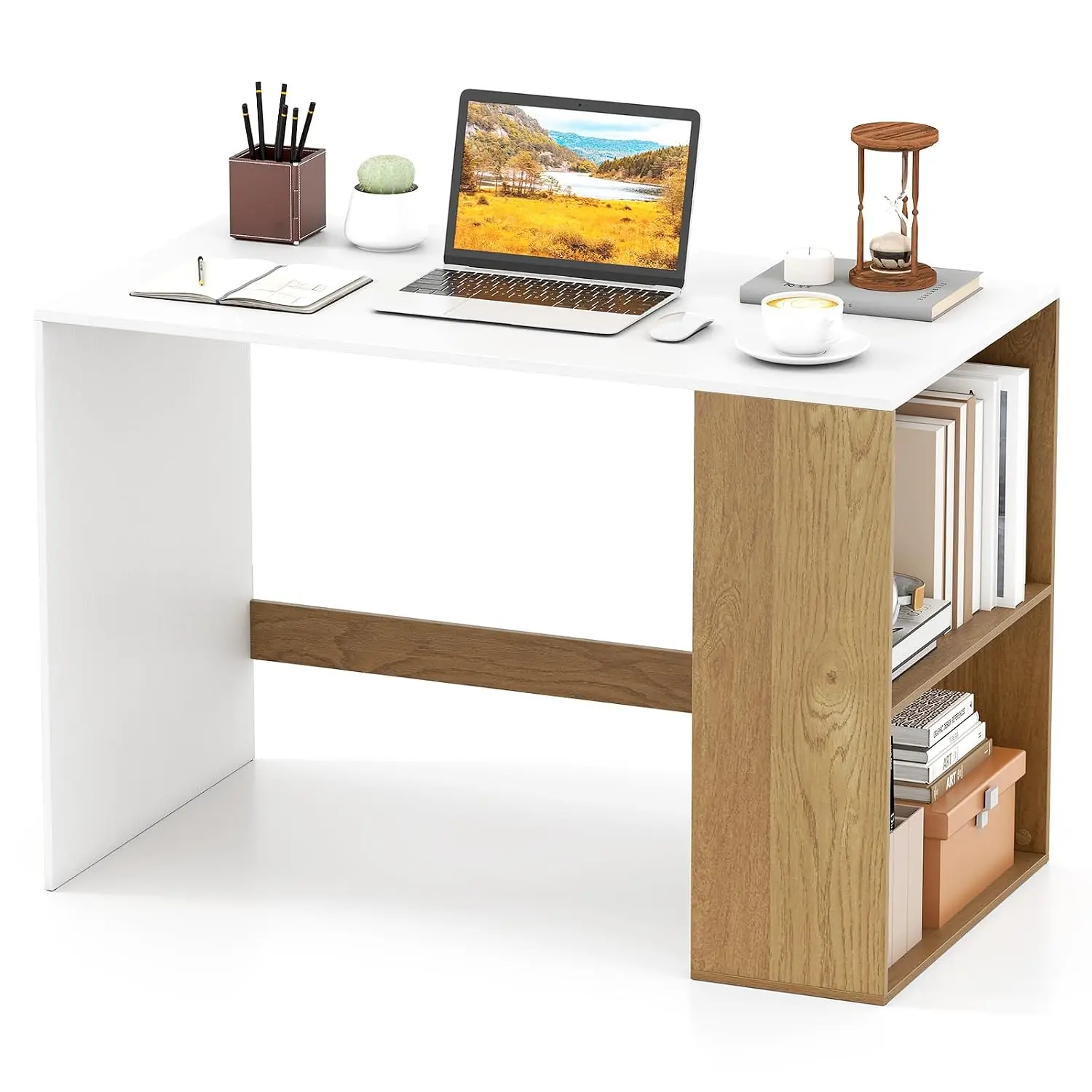 Small Desk with Bookshelf, 44 Inch Modern Computer Laptop Table for Bedroom Home Office Study, White Natural, Customized