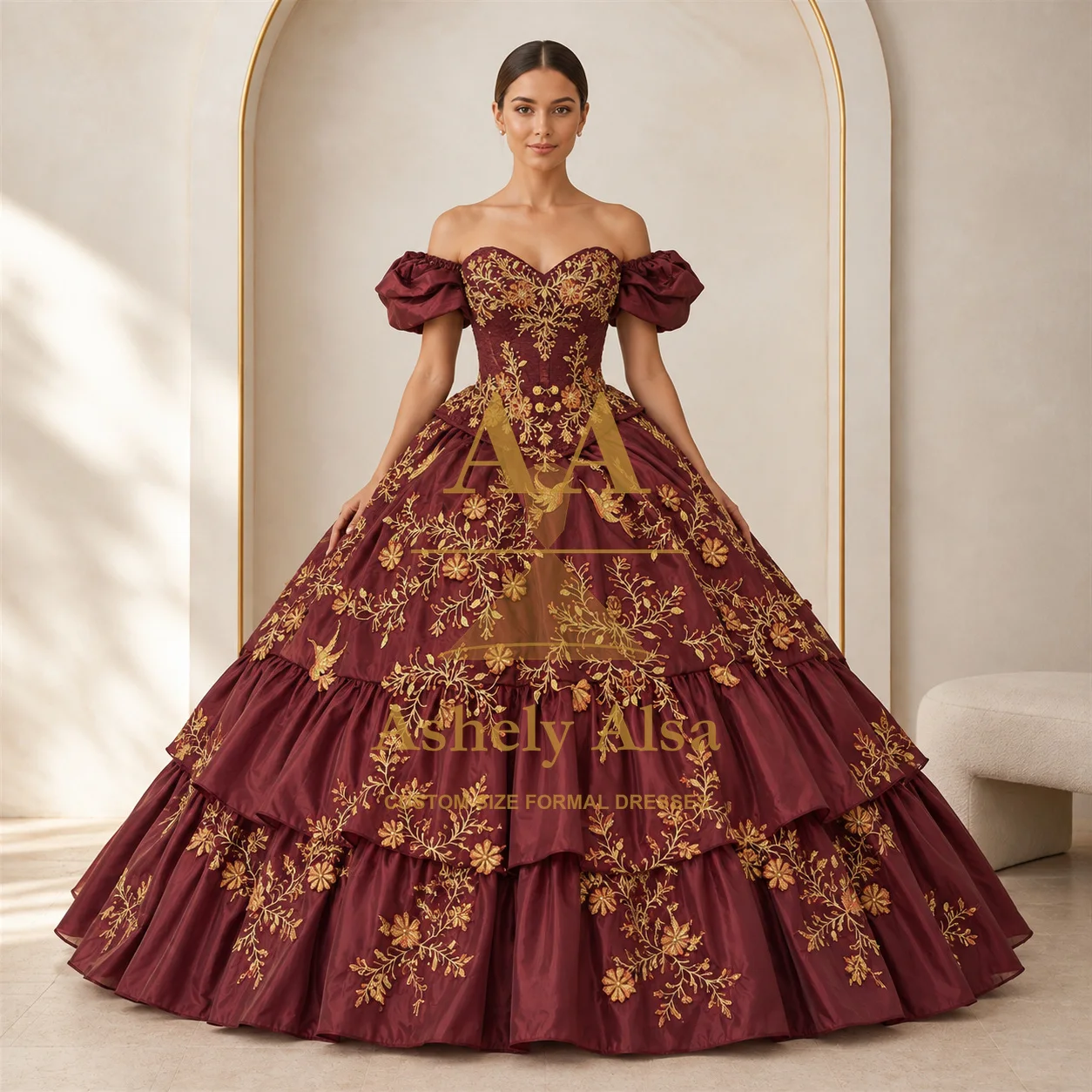 Burgundy Gold Quinceanera Dress Off Shoulder Gold Embroidered Corset Layered Ruffle Skirt Floor Length Formal Party Custom Size
