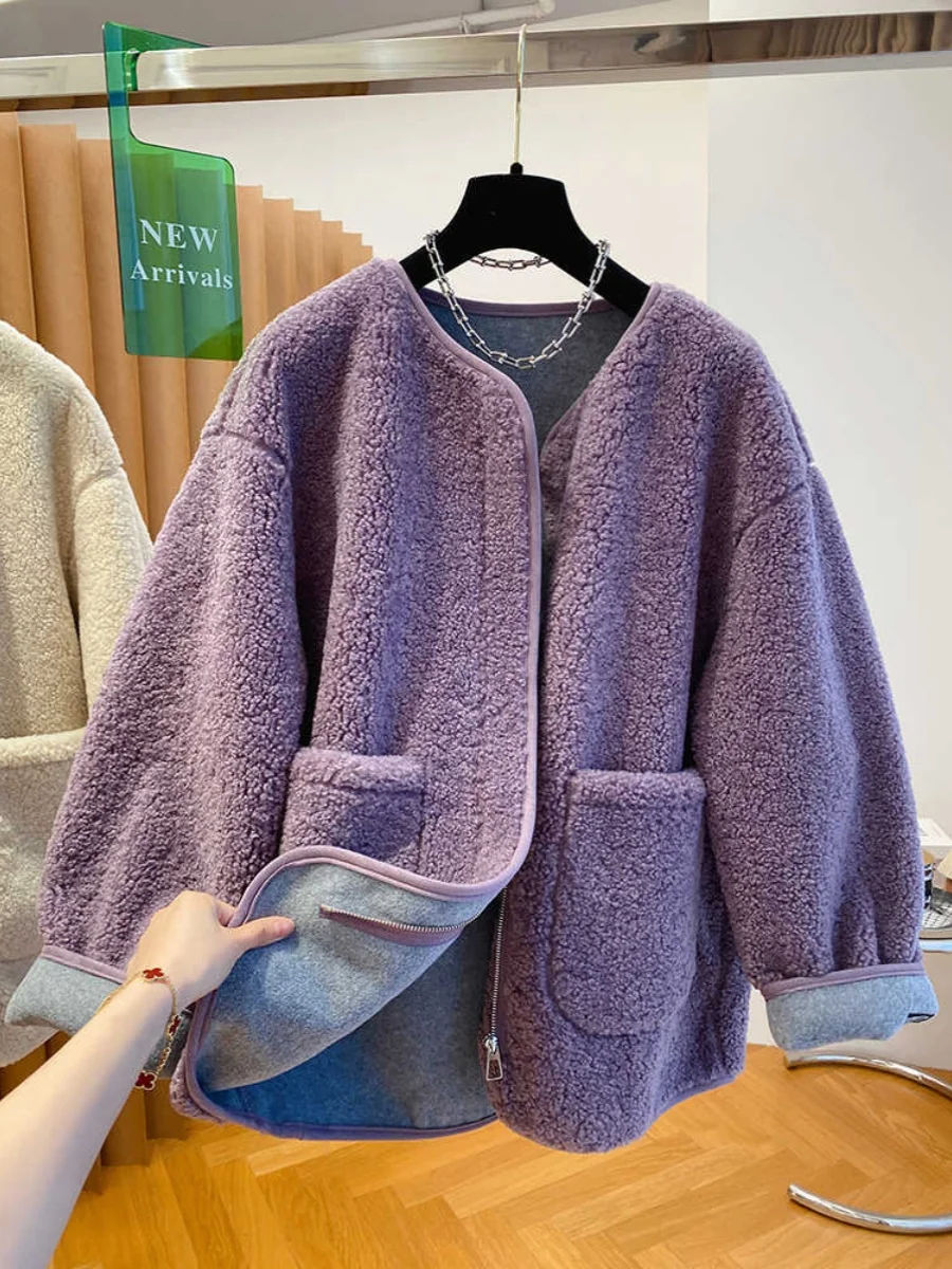 

Women's Plus Size Purple Lamb Fur Jaet Thiened Loose Casual Faion Top High Waist A-Line Skirt Winter Coat Zipper Closure