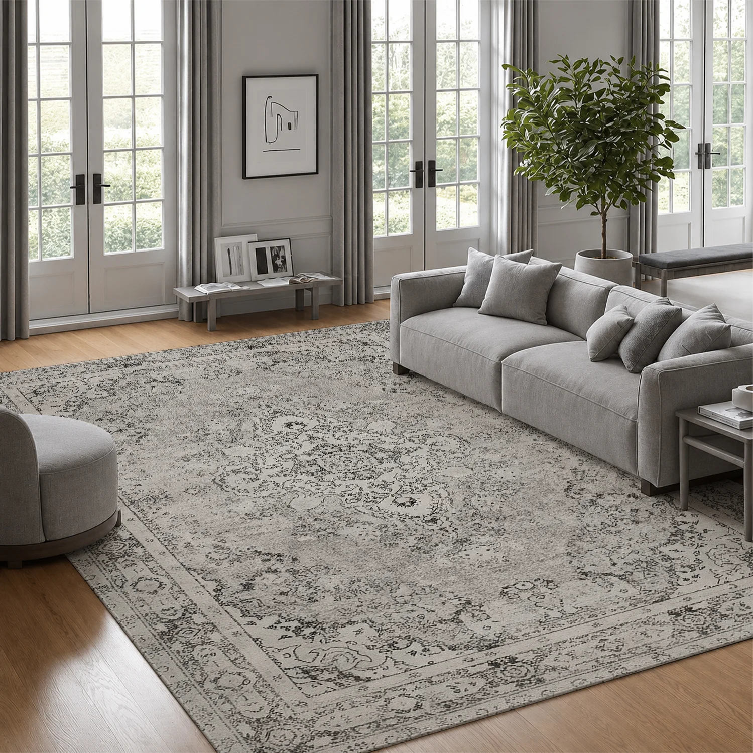 Large Indoor Area Rug, Soft Velvet Low Pile Rug with Non-Slip Dotted Backing, Machine Washable Vintage Distressed Persian Pattern Rug for Living Room, Bedroom Home Floor Decor