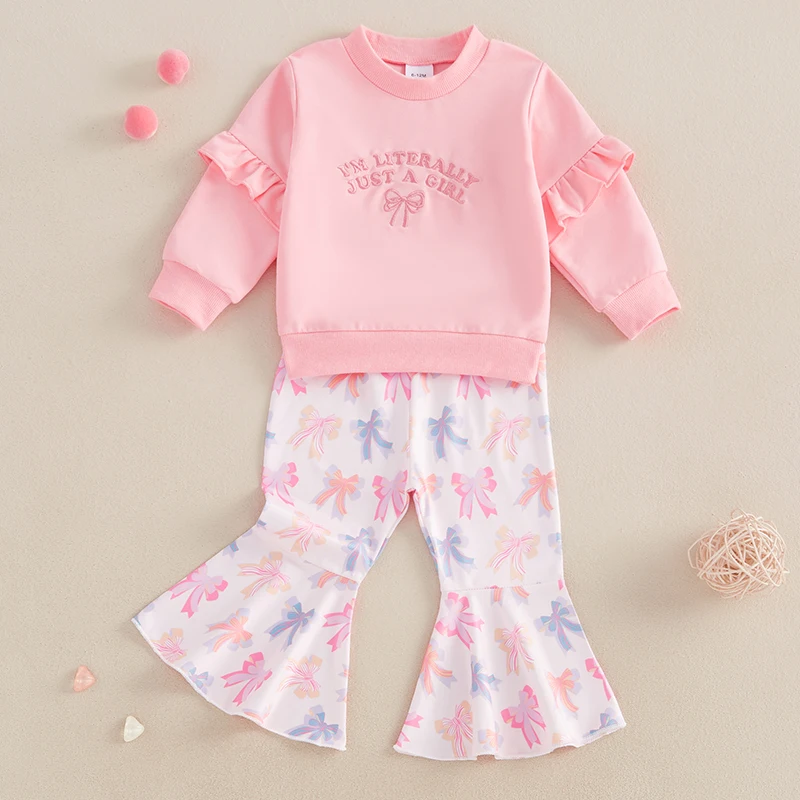 0-4Years Kids Baby Girl Fall Clothes Sets Letter Embroidered Long Sleeve Sweater and Bow Print Flared Pants 2Pieces Outfits