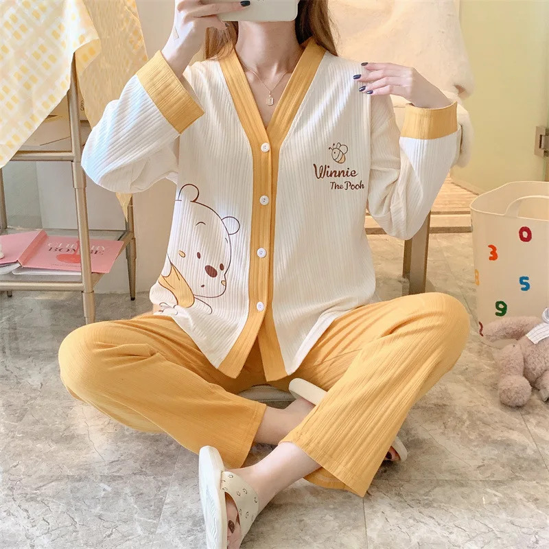 Two-Piece Women\'s Pajamas  Spring And Fall Models Cardigan Long-Sleeved Pants Cute Girl Models Casual Comfortable Homewear Suit