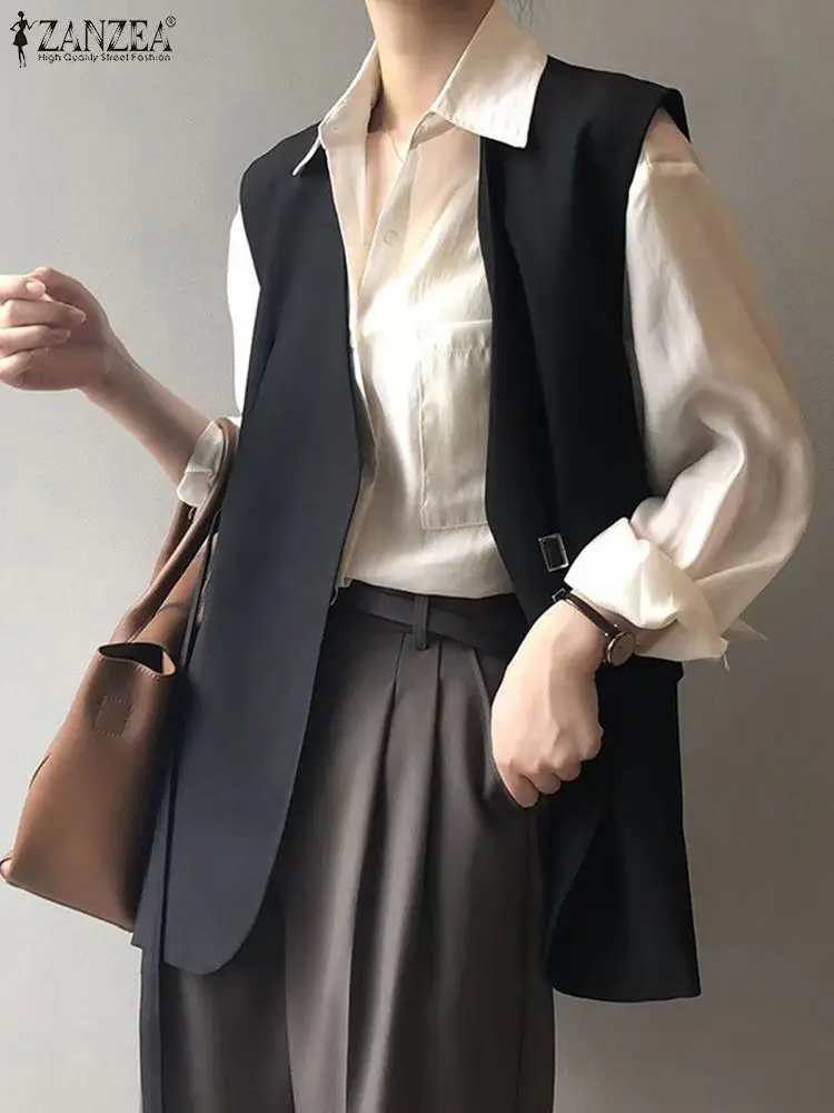 ZANZEA 2024 Spring Elegant Work Vests Solid OL Blazer Women Casual Sleeveless Blazer Korean Style V-Neck Suit Coats Oversized