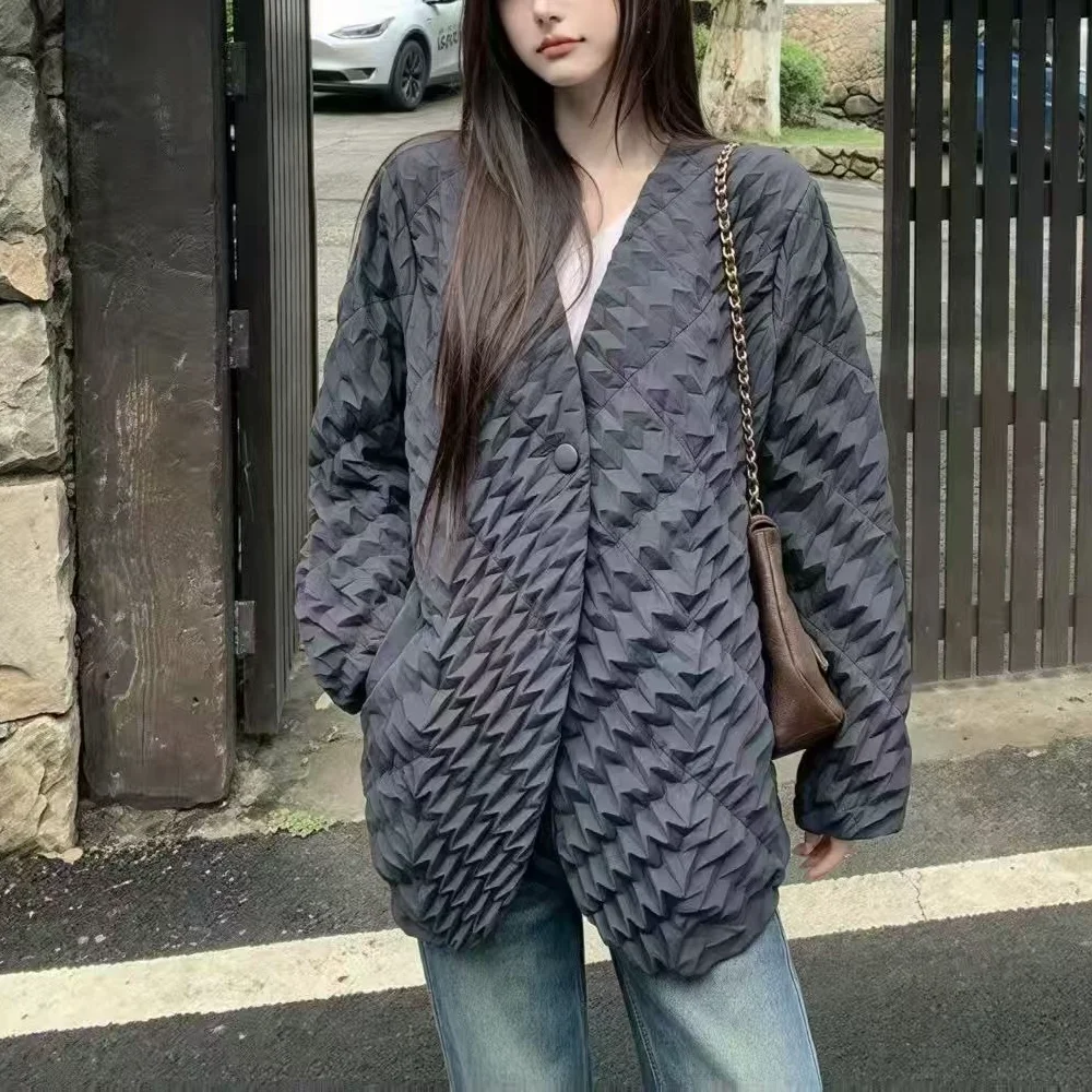 YUDX Miyake Pleated Textured Cardigan Women Solid V-Neck Long Sleeve One Button Loose 2026 Autumn Winter Jacket Cozy Warm Chic