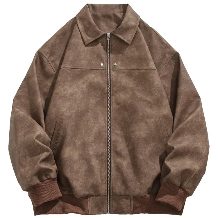 

American Style Vintage New Fashion Men's Solid Color Casual Trendy Suede Turn-down Collar Long Sleeve Zipper Coats Male Tops