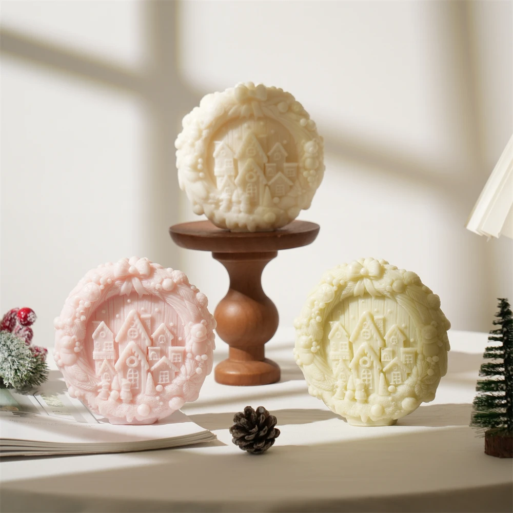 

Holiday Ornament Wreath Christmas Silicone Mold Snowman House Wreath Assorted Forest Decor Candle Mould Wreath Winter Door
