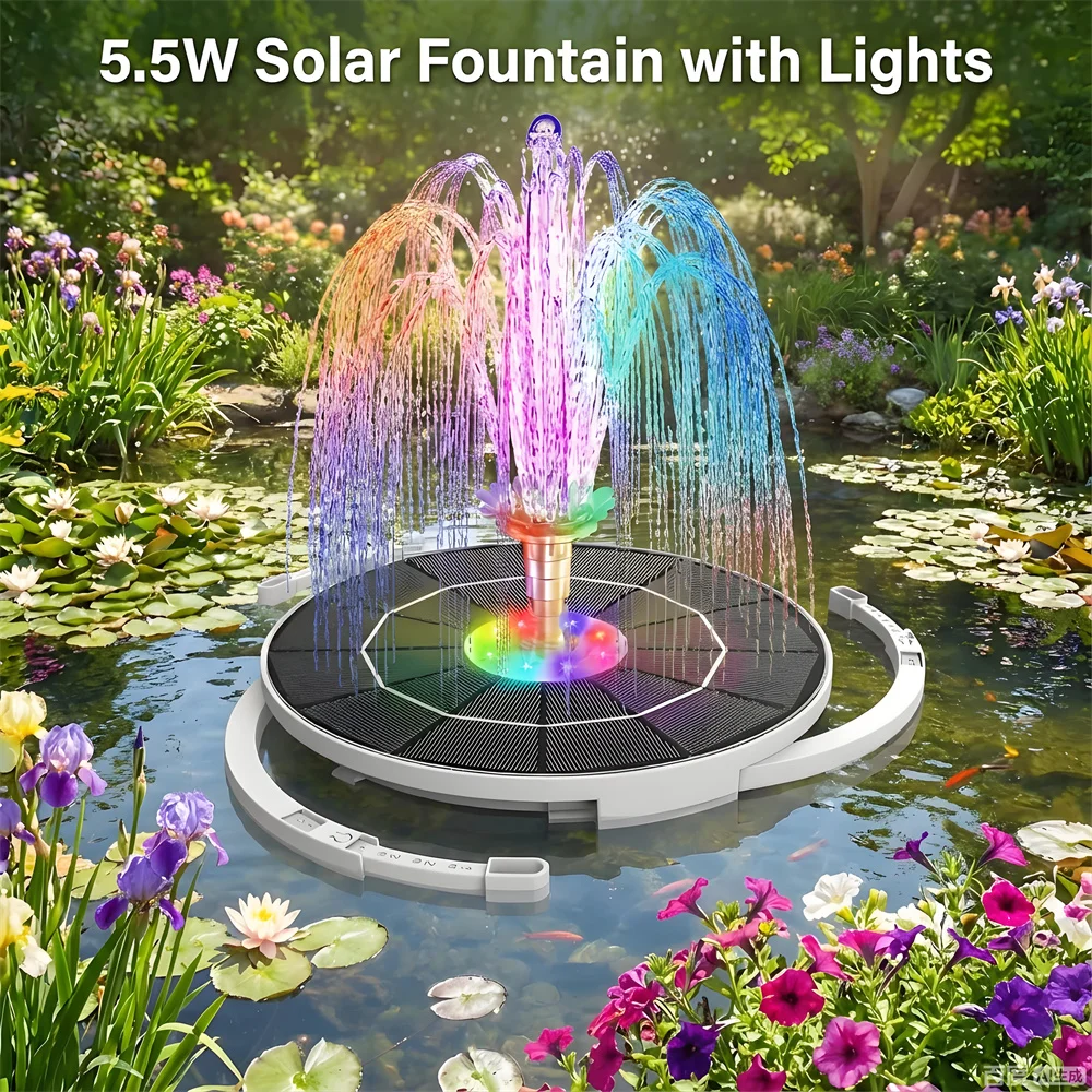 Pompe de fontaine solaire 5,5 W avec lumières LED colorées et batterie 3000 mAh, 8 buses de bricolage pour l'extérieur, le jardin, l'étang, le bain d'oiseaux, la piscine
